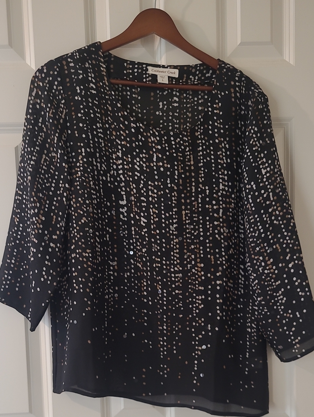 Coldwater Creek Black Blouse with White and Tan Dot Cascade